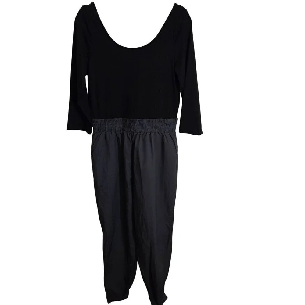 Venus Black Gray Mixed Media Scoop Neck Jumpsuit Size L